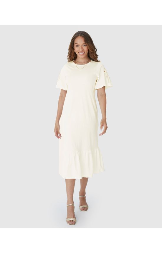 Vestido Midi Feminino Bordado Na Manga Em Malha Algodão Comfy