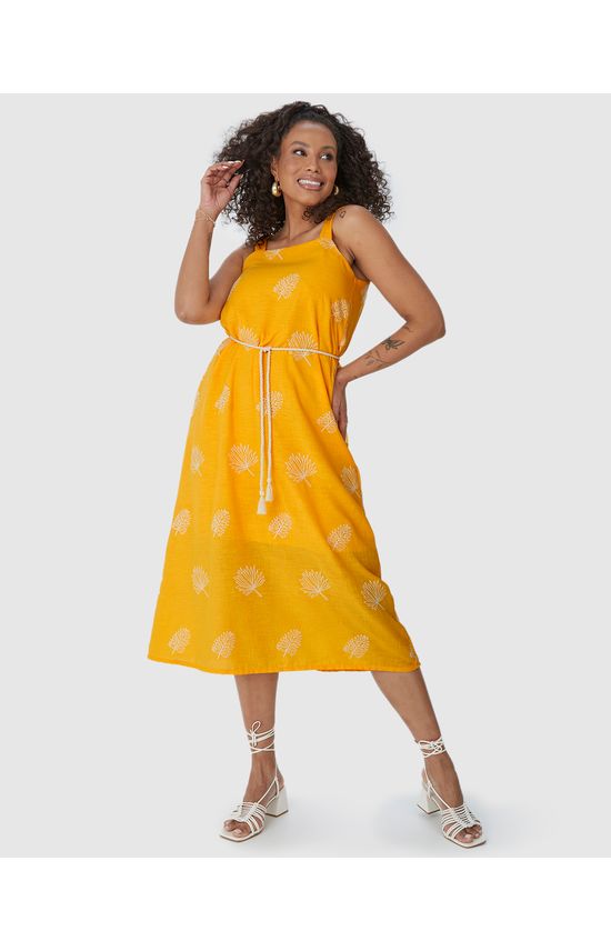 Vestido Midi Feminino Cinto De Corda Em Tecido Bordado
