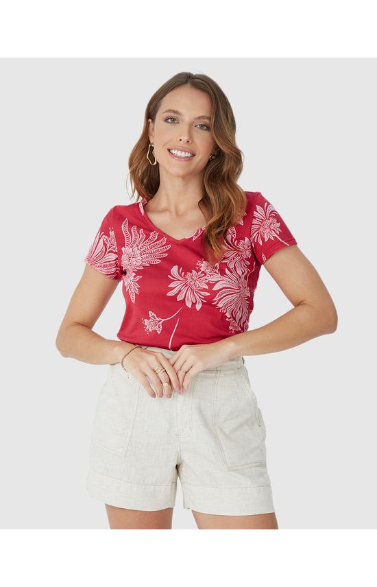 Blusa Feminina Estampada Decote V Em Algodão