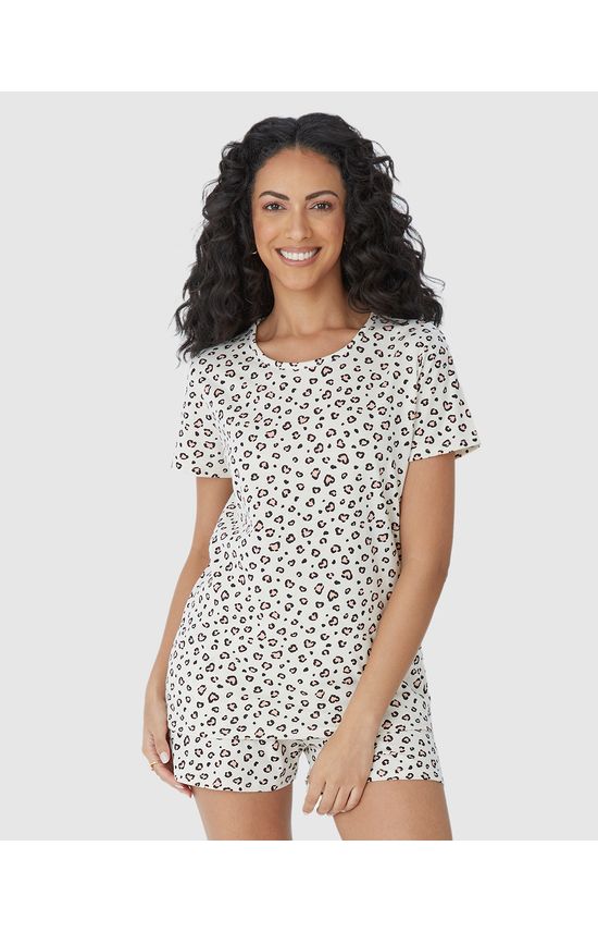 Pijama Feminino Blusa E Shorts Estampado Em Algodão