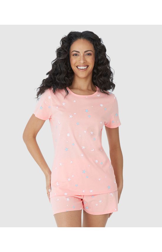Pijama Feminino Blusa E Shorts Estampado Em Algodão