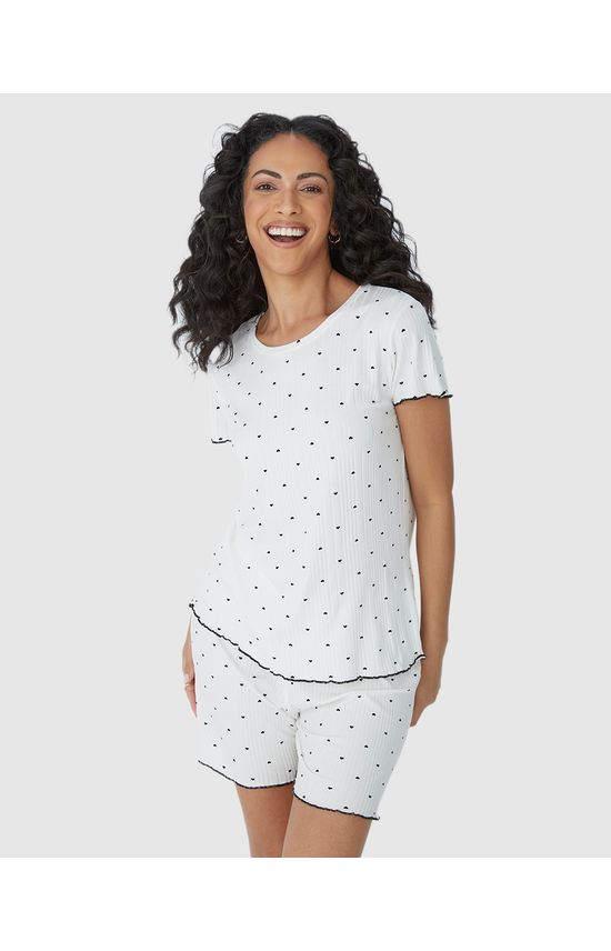 Pijama Feminino Estampado Com Barra Picot Em Malha Viscose Canelada