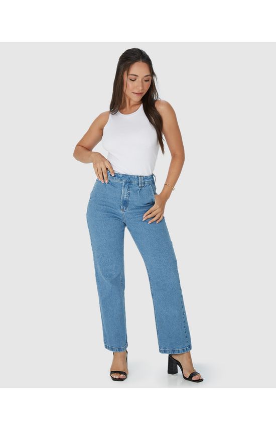 Calça Straight Cropped Cós Transpassado Em Jeans Com Elastano