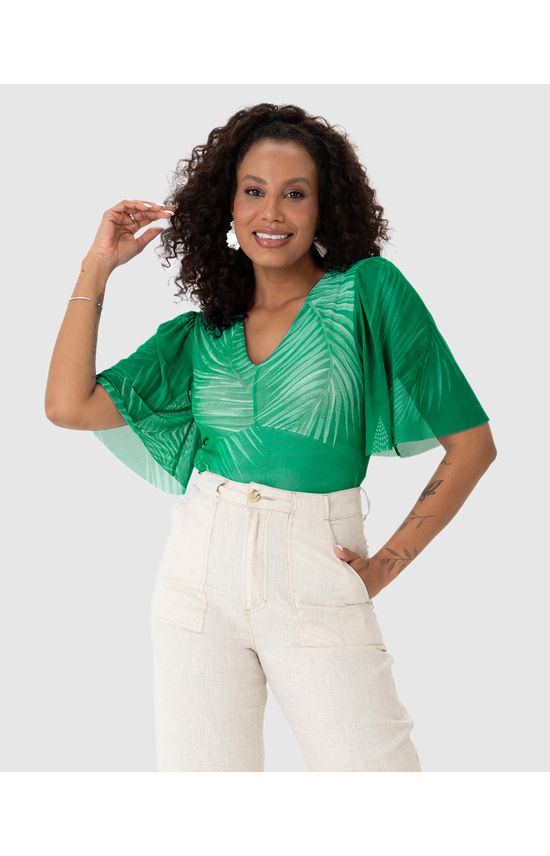 Blusa Cropped Feminina Estampada Decote V Em Tule Stretch