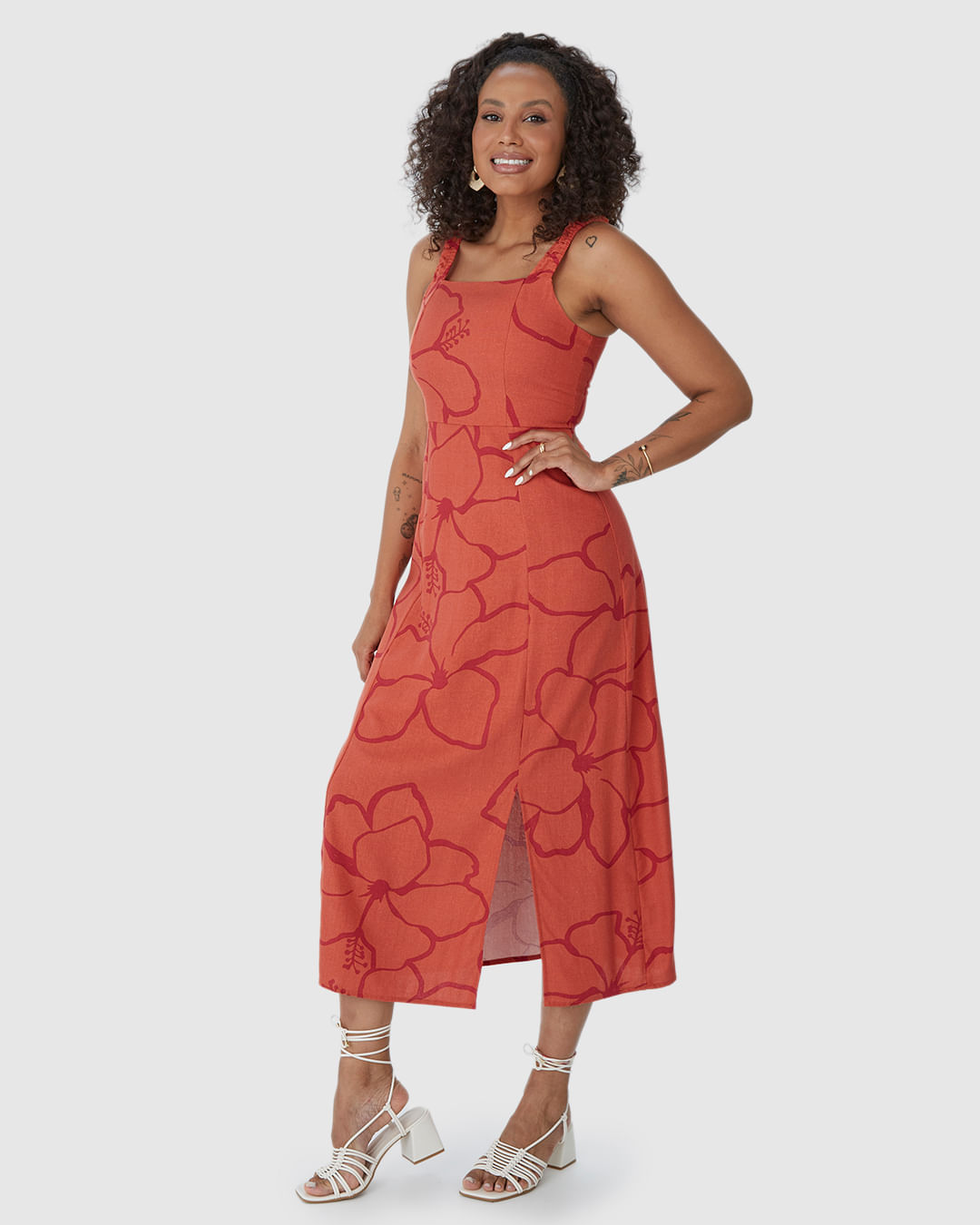 Vestido Midi Feminino Acinturado Fenda Frontal Em Viscolinho - Imagem 2