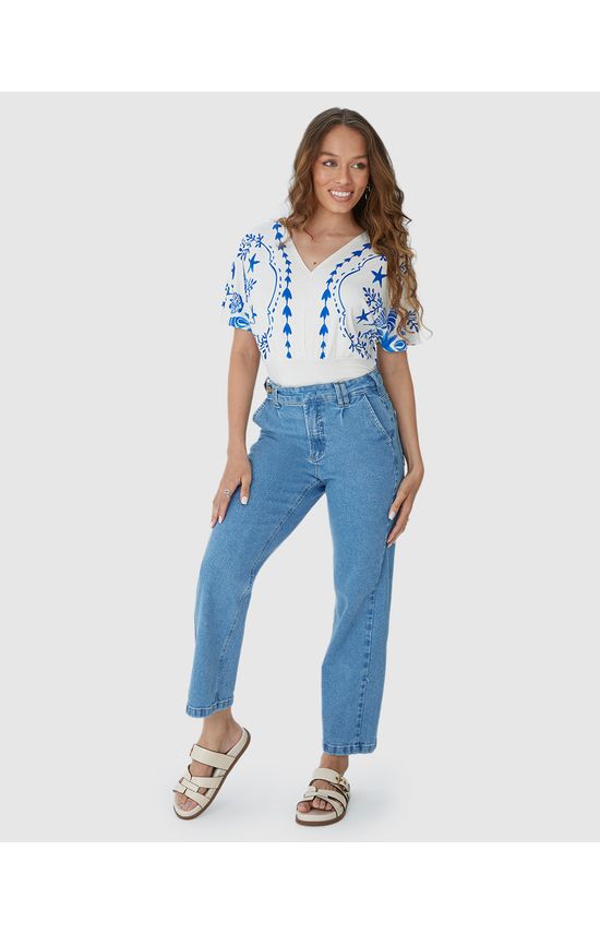 Blusa Ampla Feminina Estampada Decote V Em Malha Canelada