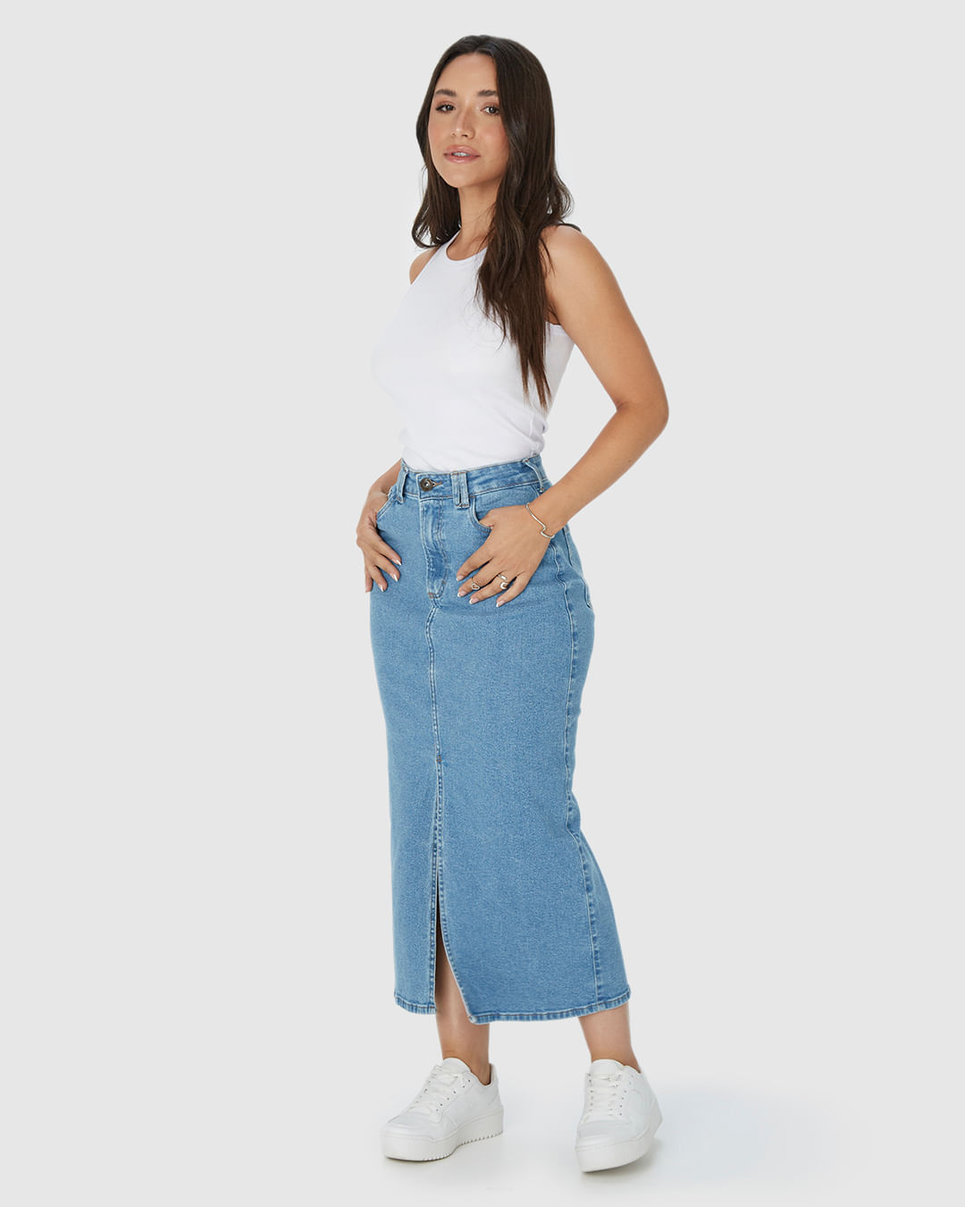 Saia Midi Feminina Fenda Frontal Em Jeans Com Elastano - Imagem 17