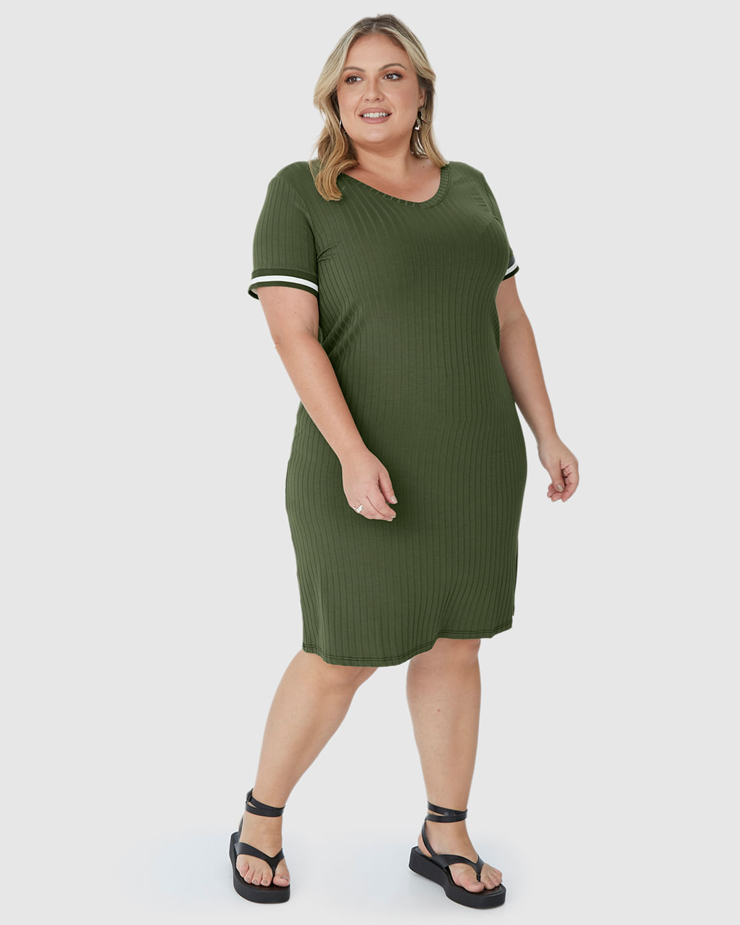 Vestido Feminino Plus Size Reto Manga Retilínea Em Canelado De Viscose - Imagem 2