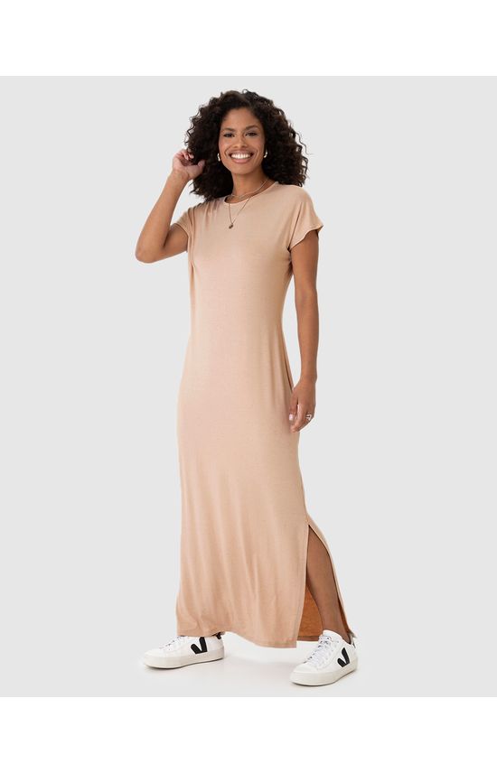 Vestido Midi Feminino Fenda Lateral Em Malha Viscolinho Stretch