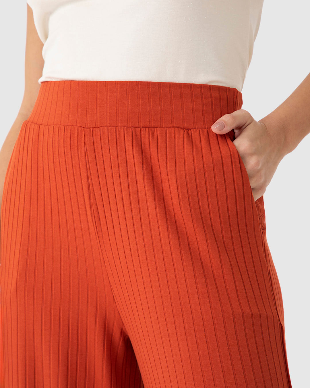 Calça Wide Leg Feminina Cintura Alta Em Malha Canelada De Viscose - Imagem 23