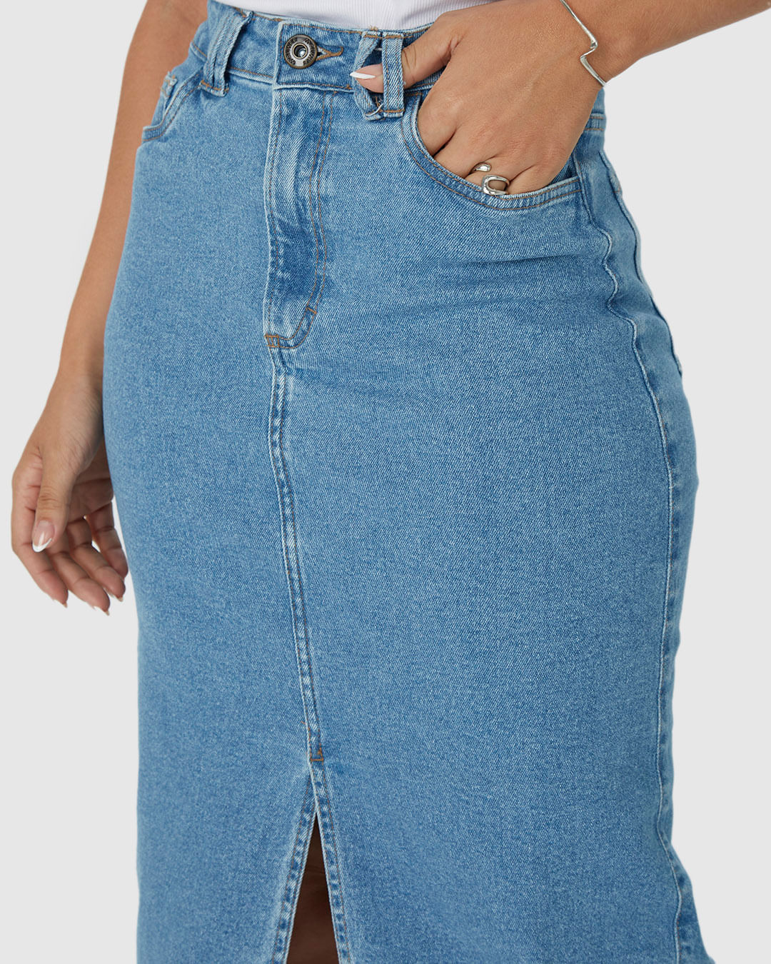 Saia Midi Feminina Fenda Frontal Em Jeans Com Elastano - Imagem 28