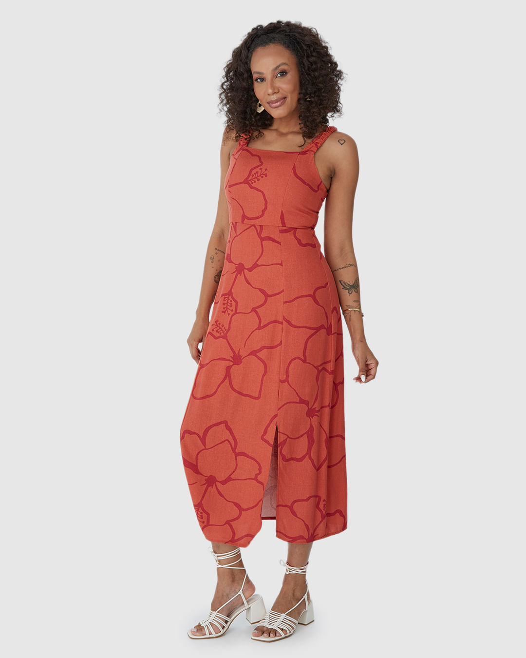 Vestido Midi Feminino Acinturado Fenda Frontal Em Viscolinho - Imagem 14