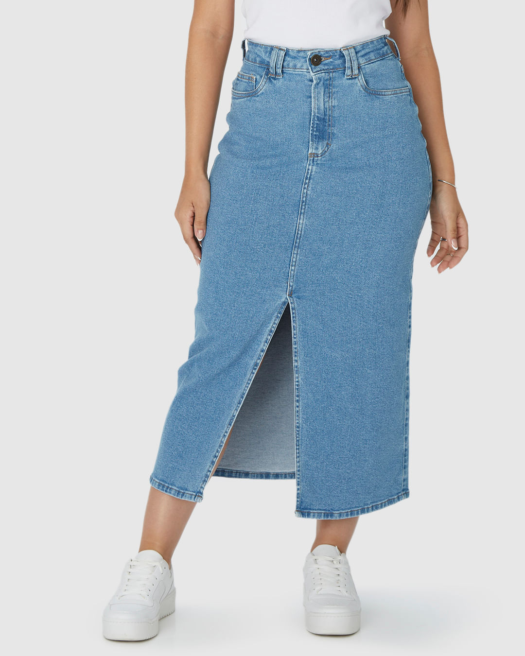 Saia Midi Feminina Fenda Frontal Em Jeans Com Elastano - Imagem 19