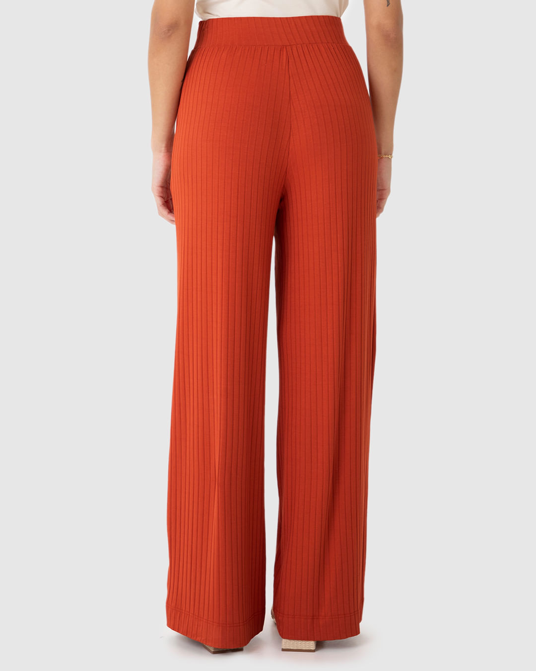Calça Wide Leg Feminina Cintura Alta Em Malha Canelada De Viscose - Imagem 20