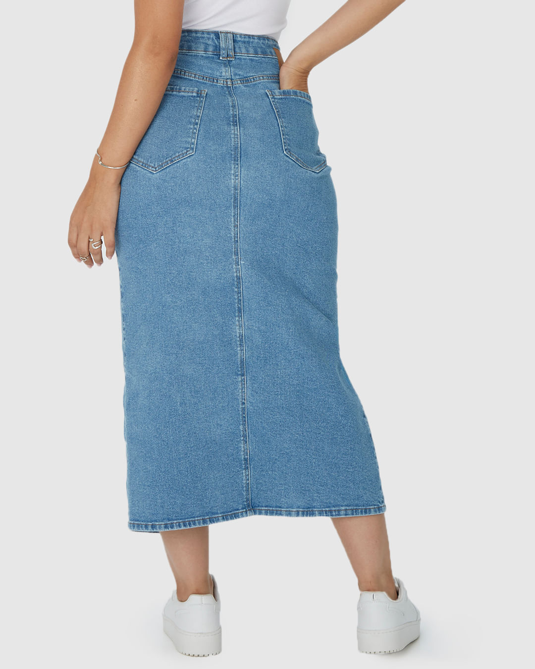 Saia Midi Feminina Fenda Frontal Em Jeans Com Elastano - Imagem 35