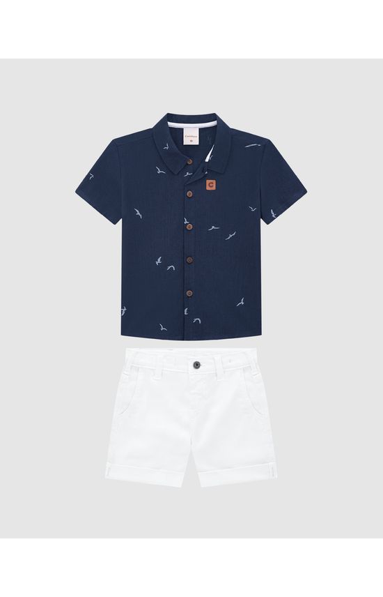 Conjunto Menino Camisa Manga Curta Em Viscolinho Texturizado - Carinhoso