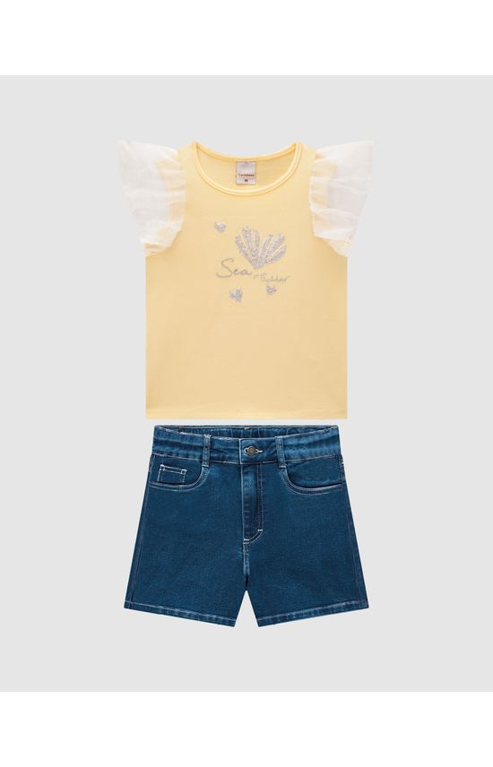 Conjunto Menina Blusa Com Manga Em Tule E Shorts Jeans - Carinhoso