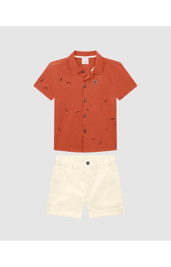 Conjunto Menino Camisa Manga Curta Em Viscolinho Texturizado - Carinhoso