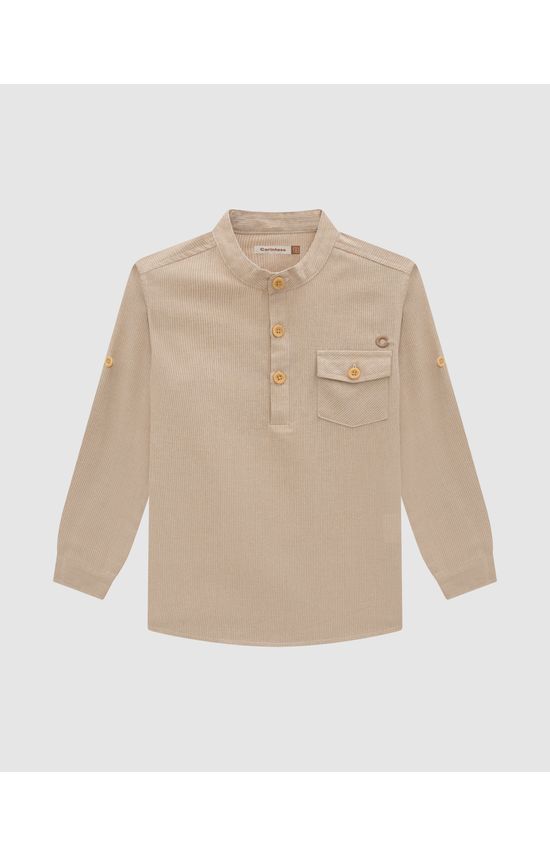 Camisa Menino Peitilho Botões Manga Longa Em Tecido Listrado - Carinhoso