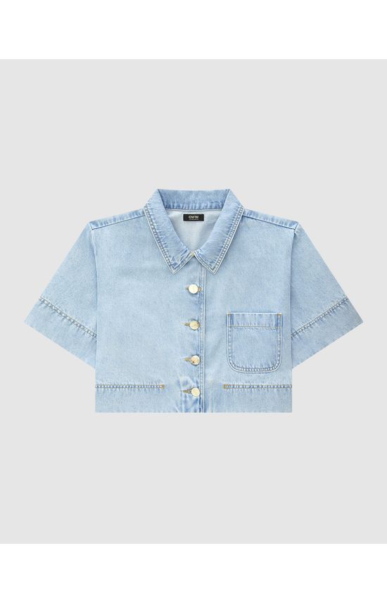 Camisa Cropped Feminina Bolso Único Frontal Em Jeans - ENFIM