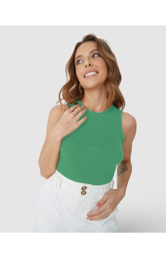 Regata Básica Feminina Long Cropped Em Malha Canelada De Viscose