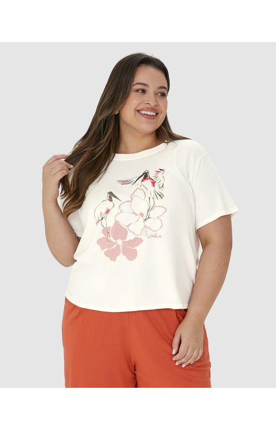 Camiseta Feminina Plus Size Flores E Pássaros Em Algodão