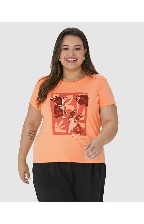 Camiseta Feminina Plus Size Estampa Cachorro Em Viscose Stretch