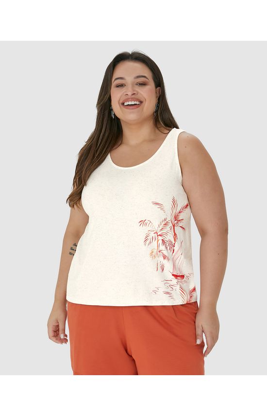 Regata Feminina Plus Size Estampa Localizada Em Malha Viscolinho Stretch