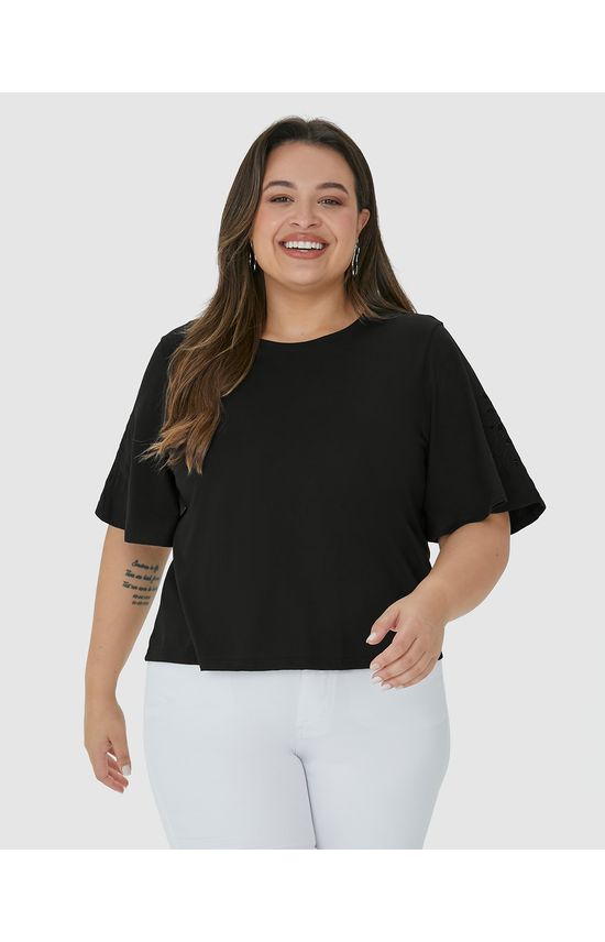 Blusa Feminina Plus Size Bordado Na Manga Em Algodão