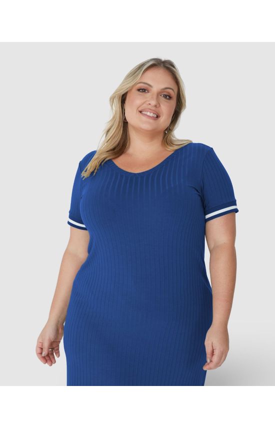 Vestido Feminino Plus Size Reto Manga Retilínea Em Canelado De Viscose