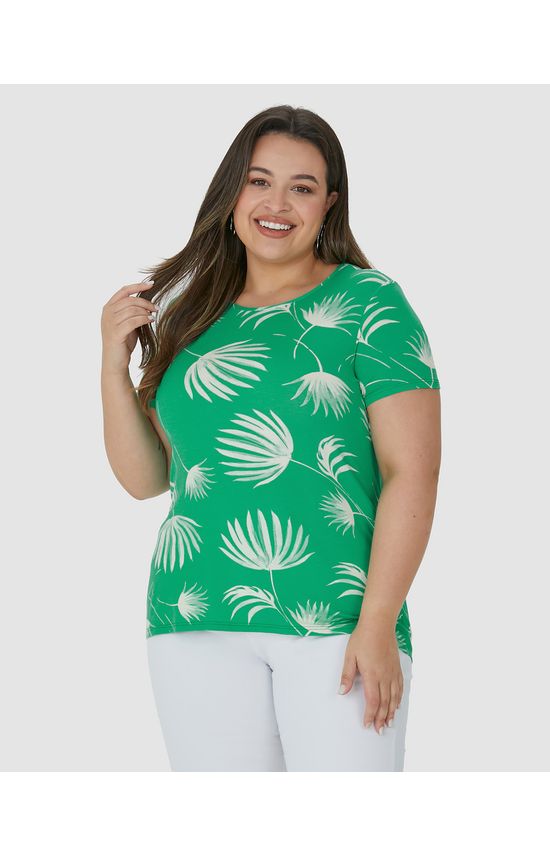 Blusa Feminina Plus Size Manga Curta Folhagem Em Viscose Stretch