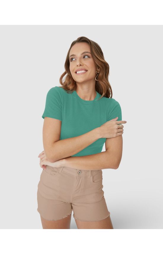 Blusa Básica Feminina Decote Redondo Em Ribana