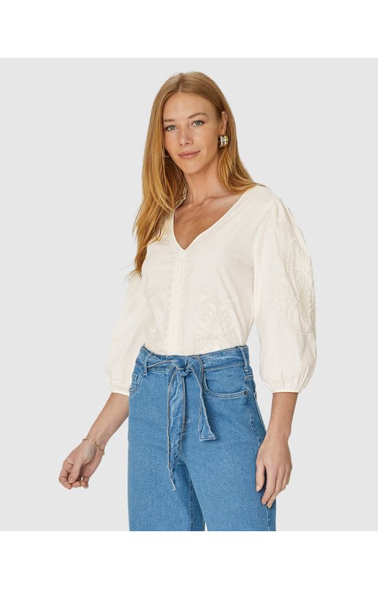 Camisa Feminina Abertura Frontal Em Algodão Bordado