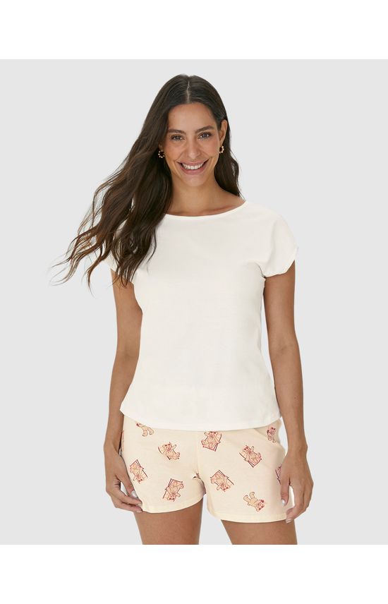 Pijama Feminino Shorts Estampado Cós Elástico Em Algodão