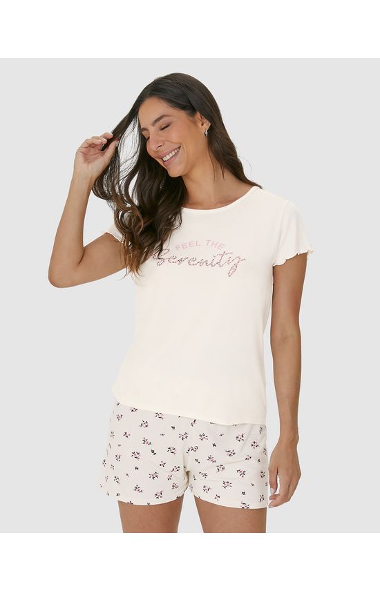 Pijama Feminino Shorts Estampada Com Cadarço Em Viscose Stretch