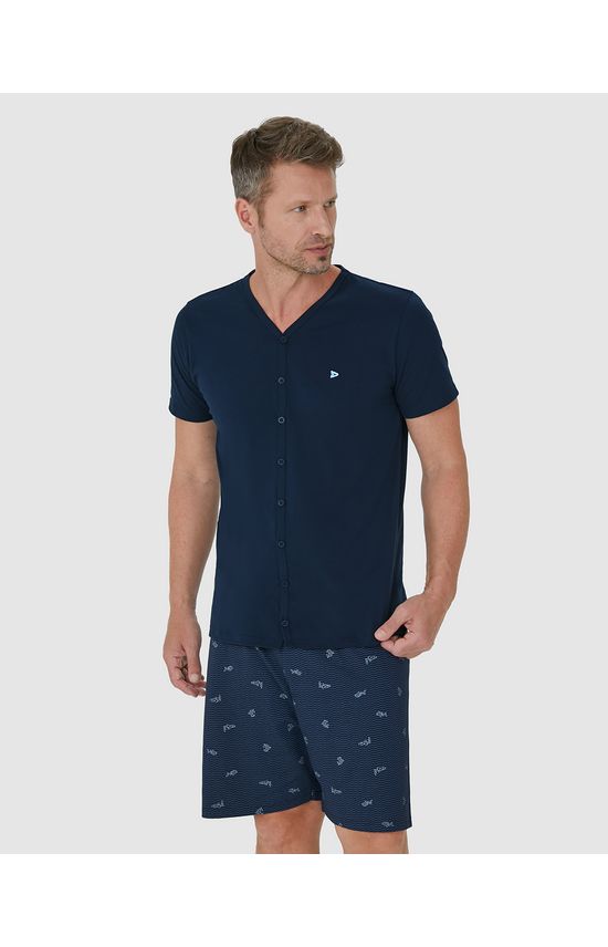 Pijama Masculino Camiseta Abotoamento Frontal Em Algodão