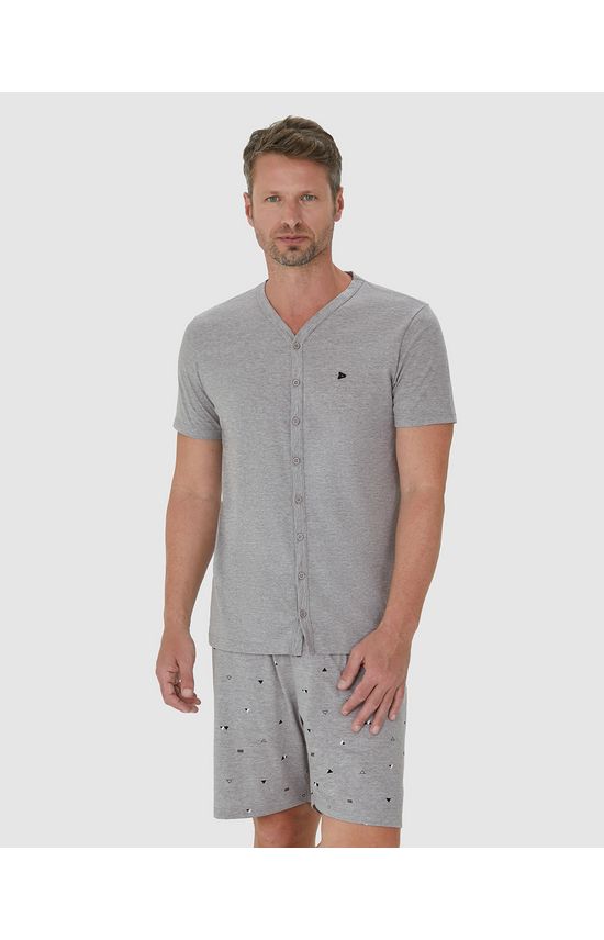 Pijama Masculino Camiseta Abotoamento Frontal Em Algodão