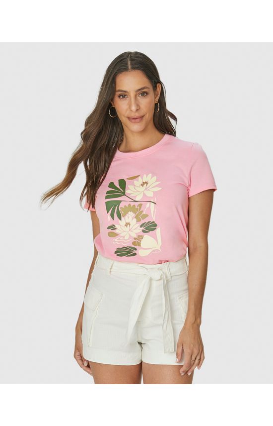 Camiseta Feminina Ilustração Flores Em Algodão