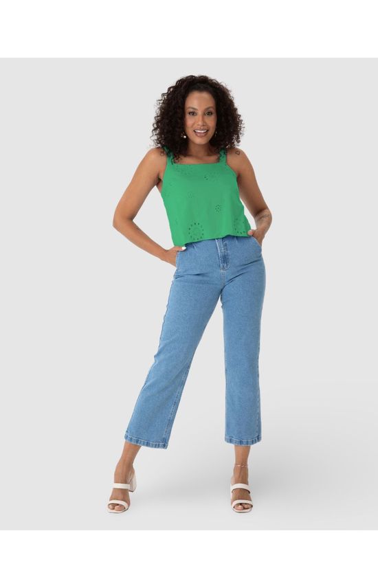 Regata Cropped Feminina Decote Reto Em Laise Algodão