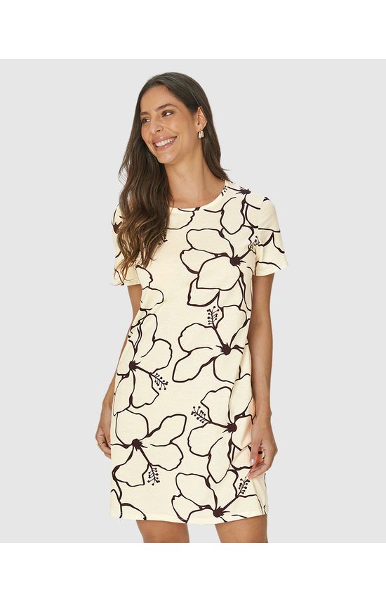Vestido Feminino Estampado Com Decote Redondo Em Algodão
