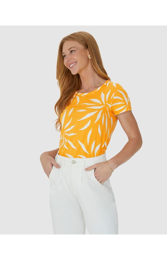 Blusa Feminina Decote Redondo Folhagem Em Algodão