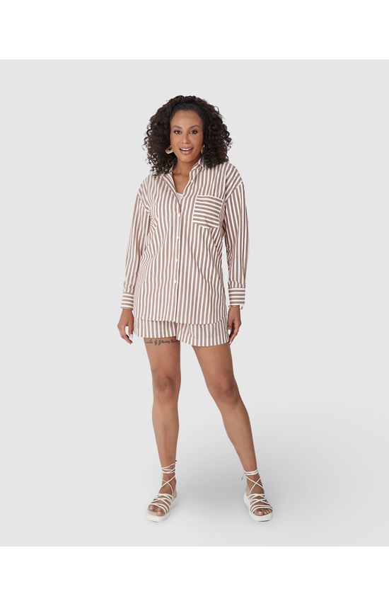 Camisa Ampla Feminina Listrada Bolso Frontal Em Algodão