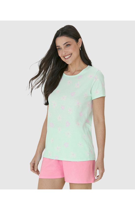 Pijama Feminino Manga Curta Estampa Flores Em Algodão