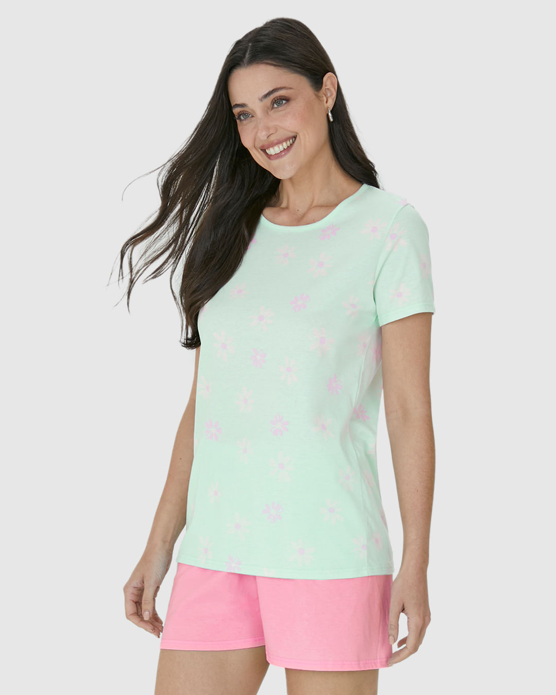 Pijama Feminino Manga Curta Estampa Flores Em Algodão - Imagem 11