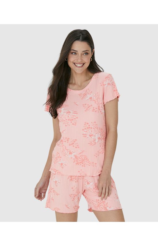 Pijama Feminino Estampado Com Barra Picot Em Malha Viscose Canelada