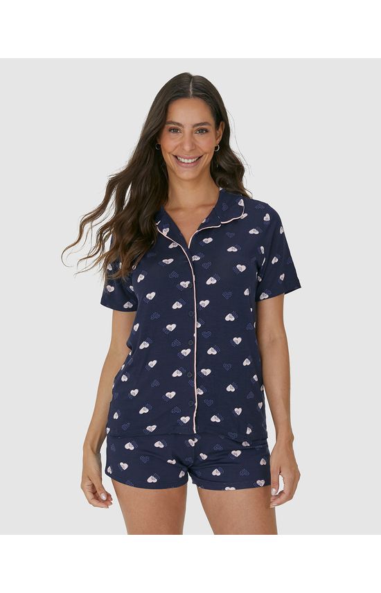 Pijama Americano Feminino Estampado Com Abotoamento Frontal Em Viscose Stretch