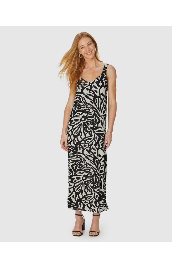 Vestido Midi Feminino Estampado Decote V Em Malha Viscolinho Stretch