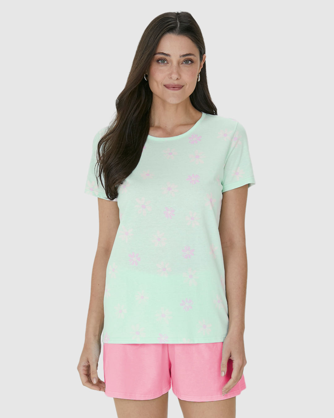 Pijama Feminino Manga Curta Estampa Flores Em Algodão - Imagem 4