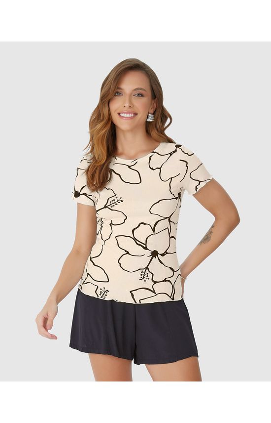 Blusa Feminina Estampada Com Picot Em Canelado De Viscose