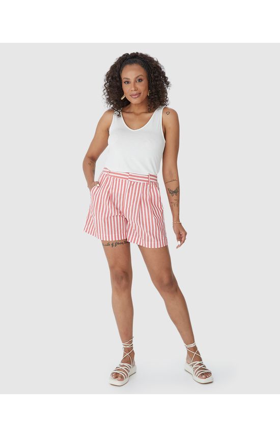 Shorts Feminino Listrado Bolso Lateral Em Algodão